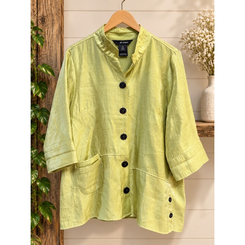 Ali Miles Womens XL Chartreuse Green Textured Button Up 3/4 Sleeve Tunic Blouse